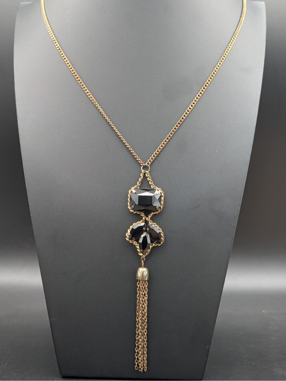 Vintage 1960s Gold Tone Necklace with Black Faceted Stones and Tassel Pendant